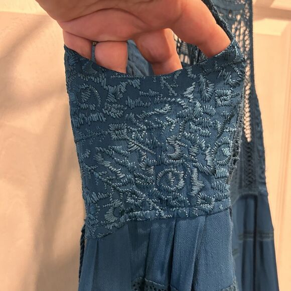 FREE PEOPLE Womens Lace Teal Blue Emily Mini Dress Large Beachy Boho Festival - Picture 5 of 11